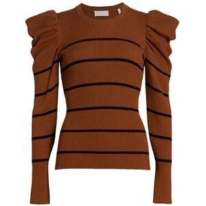 (New) Stripe Rib-Knit‎ Puff-Sleeve Sweater